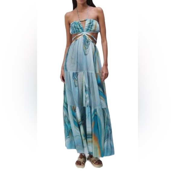 Jonathan Simkhai sz L Dress Shailene Laurel Laguna marble blue Halter maxi New - Picture 1 of 6